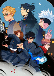 1girl 5boys andythelemon black_eyes black_hair blindfold blonde_hair brown_hair divergent_fist fushiguro_megumi getou_suguru getou_suguru_(kenjaku) goggles gojou_satoru hammer highres itadori_yuuji jujutsu_kaisen kugisaki_nobara long_hair multiple_boys nail_(hardware) nanami_kento pale_skin pink_hair scar short_hair undercut watermark white_hair