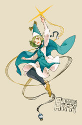 1girl arm_up boots calligraphy_brush coco_(tongari_boushi_no_atelier) copyright_name dress floating full_body green_eyes green_hair hat hatoya_hato highres holding ink inkwell long_sleeves open_mouth paintbrush qifrey&#039;s_atelier_apprentice_uniform short_hair smile solo sparkle tongari_boushi_no_atelier witch_hat