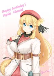 Rule 34 | 1girl, agnes claudel, bag, beret, blonde hair, blue eyes, breasts, bun with braided base, coat, double-parted bangs, eiyuu densetsu, english text, gradient background, hair between eyes, hair bun, handbag, happy birthday, hat, jewelry, kai no kiseki, kuma kuma 15, kuro no kiseki (series), large breasts, long hair, pendant, red hat, sidelocks, single side bun, smile, solo, twitter username