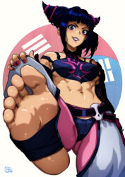 Rule 34 | 1girl, absurdres, barefoot, black hair, feet, gravydood, grin, hair horns, han juri, hand on own knee, highres, light blush, long hair, looking at viewer, purple eyes, smile, soles, stirrup legwear, street fighter, thatpersonaguy, toeless legwear, toes