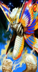 Rule 34 | absurdres, blue eyes, bug, commentary, commission, english commentary, flying, full body, godzilla (series), highres, insect wings, larva, mandibles, monster, mothra, multiple legs, no humans, sparkle, white fur, wings, witnesstheabsurd