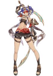 Rule 34 | 1girl, absurdres, aqua nails, bare shoulders, benben (genshin impact), black gloves, black sleeves, blindfold, blue hair, breasts, cleavage, collarbone, colored blindfold, commentary request, crop top, detached sleeves, dual wielding, full body, genshin impact, gloves, hand up, highres, holding, holding sword, holding weapon, jeht (genshin impact), long sleeves, medium breasts, medium hair, multiple scars, nail polish, navel, parted lips, puffy long sleeves, puffy sleeves, pyro symbol (genshin impact), sazanka, scar, scimitar, simple background, smile, solo, standing, stomach, sword, tachi-e, thigh strap, toenail polish, toenails, transparent background, twintails, vision (genshin impact), weapon