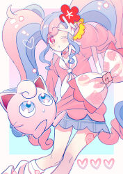 1girl absurdres blush commentary_request earrings fairy_miku_(project_voltage) flower gen_1_pokemon hair_flower hair_ornament hand_up hatsune_miku heart highres jewelry jigglypuff long_hair long_sleeves looking_at_viewer multicolored_hair nail_polish nintendo one_eye_closed pink_eyes pink_sweater pokemon pokemon_(creature) project_voltage red_flower shocho_(shaojiujiu) sidelocks skirt socks sweater twintails two-tone_hair v vocaloid white_socks