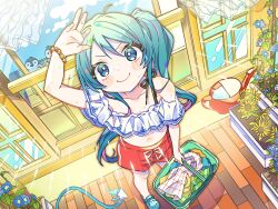 1girl arm_up bare_shoulders basket bird blue_flower blue_shoes blush_stickers bracelet breasts cleavage closed_mouth collarbone commentary_request crocs day flower full_body green_eyes green_hair highres holding holding_basket hose jewelry laundry_basket long_hair looking_at_viewer navel notamaru_2 original penguin red_shorts shoes shorts side_ponytail smile solo standing sunflower twitter_username watering_can yellow_flower