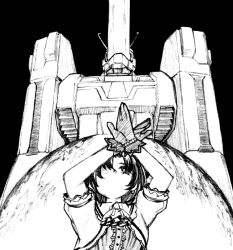 1girl arms_up crossover densetsu_kyojin_ideon dress firing gloves greyscale ideon idolmaster idolmaster_cinderella_girls mecha monochrome moon robot shiragiku_hotaru short_hair space tv_nattou