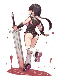 1girl ass bare_shoulders black_hair blush bow breasts brown_eyes cougar_(cougar1404) from_behind greatsword hair_bow leotard long_hair looking_at_viewer looking_back low_twintails medium_breasts original sideboob smile solo sword twintails very_long_hair weapon