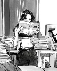 Rule 34 | 1girl, artist request, calvin klein, denim, jeans, looking at viewer, magazine (object), midriff, monochrome, navel, pants, reading, sports bra, tagme, underwear