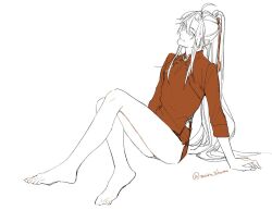 1boy ahoge alternate_costume arm_support bare_legs barefoot chinese_clothes closed_mouth collared_shirt crossdressing feet full_body hair_ribbon long_hair long_sleeves looking_at_viewer male_focus modao_zushi moirae monochrome pointy_ears ponytail red_ribbon red_shirt red_shorts ribbon shirt short_shorts shorts sidelocks simple_background sitting smile solo spot_color tangzhuang toes trap twitter_username very_long_hair wei_wuxian white_background