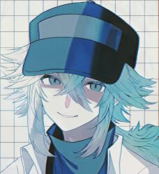 Rule 34 | 1boy, baseball cap, black undershirt, collared shirt, green eyes, green hair, grid background, hair between eyes, hat, long hair, looking at viewer, male focus, n (pokemon), nintendo, pokemon, pokemon bw, ponytail, shirt, simple background, smile, solo, upper body, white background, white shirt, zero (sleepy meltan)