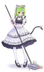 1girl absurdres ahoge alternate_costume alternate_hair_length alternate_hairstyle animal_ear_fluff animal_ears apron black_dress black_shoes blush bow breasts broken_vase cat_ears cat_girl cat_tail cleavage_cutout clothing_cutout collared_dress curry_bowl delutaya diagonal_bangs dress enmaided frilled_apron frilled_dress frills full_body glasses green_eyes hair_intakes highres holding holding_mop indie_virtual_youtuber jewelry juliet_sleeves lace_sleeves long_sleeves looking_at_viewer maid maid_day maid_headdress mary_janes medium_hair mop pantyhose parted_bangs parted_lips pink_streaks puffy_short_sleeves puffy_sleeves red-framed_eyewear red_eyes shoes short_sleeves sidelocks simple_background small_breasts solo straight-on tail tail_bow tail_ornament white_apron white_background white_pantyhose white_wrist_cuffs wrist_cuffs