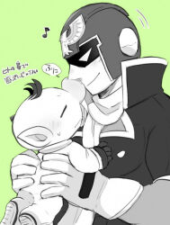 2boys alien animal_print big_nose bird bird_print blush captain_falcon closed_mouth collared_jacket commentary_request f-zero falcon frown gloves green_background greyscale_with_colored_background hair_ornament height_difference helmet high_collar jacket large_pectorals long_sleeves motion_lines multiple_boys musical_note nintendo no_headwear noses_touching olimar pectorals pikmin_(series) pointy_ears scarf short_hair smile spacesuit speech_bubble super_smash_bros. sweatdrop translation_request ukyo_(80123) very_short_hair yaoi