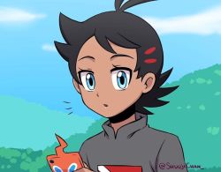 Rule 34 | 1boy, antenna hair, black hair, black shirt, blouse, blue eyes, commentary request, dark-skinned male, dark skin, eyelashes, gen 4 pokemon, goh (pokemon), holding, holding phone, looking at viewer, male focus, multicolored hair, nintendo, phone, pokemon, pokemon (anime), pokemon (creature), pokemon journeys, print shirt, rotom, rotom phone, sara bon, shirt, solo, spiked hair, streaked hair, surprised