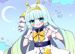 Rule 34 | 1girl, absurdres, bare shoulders, blue background, blue eyes, blue hair, blunt bangs, blush, bow, bowtie, commentary request, commission, crescent, detached sleeves, dress, gloves, gradient hair, green hair, grin, hairband, highres, jelly hoshiumi, long hair, looking at viewer, multicolored hair, outline, parted lips, phase connect, pointing, pointing at self, puffy detached sleeves, puffy sleeves, skeb commission, sleeveless, sleeveless dress, smile, solo, star (symbol), two-tone hair, upper body, virtual youtuber, white dress, white gloves, white outline, yellow bow, yellow bowtie, yellow hairband, you (noanoamoemoe)