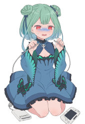 Rule 34 | 1girl, blue dress, blue hair, bug, butterfly, cable, double bun, dress, earrings, game console, gradient hair, green hair, hair bun, hair ornament, hair ribbon, hololive, insect, jewelry, multicolored hair, open mouth, red eyes, ribbon, short hair, sidelocks, simple background, sitting, skull collar, skull earrings, skull hair ornament, solo, uruha rushia, uruha rushia (1st costume), vinhnyu, virtual youtuber, white background, wii u, wii u gamepad
