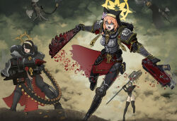 absurdres adepta_sororitas angry armor blood blue_archive bolter bullet chainsword cloud crossover gun halo heavy_bolter highres hinata_(blue_archive) lembas machine_gun mari_(blue_archive) orange_hair sakurako_(blue_archive) sensei_(blue_archive) warhammer_40k weapon