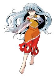 Rule 34 | 1girl, adairi, alphes (style), bare shoulders, barefoot, breasts, cleaver, commentary request, dairi, detached sleeves, diamond (shape), diamond cutout, dress, frilled dress, frills, full body, grey hair, hair between eyes, highres, holding, large variant set, long hair, long sleeves, medium breasts, multicolored dress, orange dress, parody, red dress, red ribbon, ribbon, sakata nemuno, single strap, solo, style parody, tachi-e, touhou, transparent background, variant set, wide sleeves, yellow dress