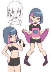 1girl bike_shorts black_eyes blue_hair clothes_lift cola_(scissor_seven) female_focus full_body highres loli pink_hair scissor_seven short_hair skirt skirt_lift sports_bra standing