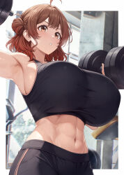 1girl abs absurdres ahoge alternate_breast_size armpits breasts brown_eyes brown_hair commentary_request dumbbell gakuen_idolmaster gradient_hair hanami_ume highres holding holding_dumbbell huge_breasts idolmaster kannko_bokujou midriff multicolored_hair navel short_hair solo sweat thighs