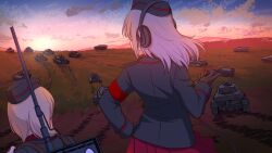 Rule 34 | 2girls, armband, black gloves, black headwear, black jacket, clipboard, cloud, cloudy sky, garrison cap, girls und panzer, gloves, grey hair, hand on own hip, hat, headphones, highres, holding radio, horizon, itsumi erika, jacket, kuromorimine military uniform, long hair, long sleeves, military, military hat, military uniform, military vehicle, motor vehicle, multiple girls, outdoors, pleated skirt, radio, red skirt, revision, shinmai (kyata), skirt, sky, standing, sunset, tank, wind