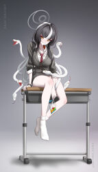 1girl absurdres alternate_costume azami_(blue_archive) bag black_hair blue_archive blush bucho_sama candy cardigan closed_mouth desk fang food green_cardigan green_skirt grey_halo halo highres long_hair multicolored_hair necktie no_shoes on_desk panties pencil_skirt plaid_clothes plaid_skirt plastic_bag red_necktie school_uniform shirt sitting skirt smile snake socks solo two-tone_hair underwear white_hair white_panties white_shirt white_snake white_socks yellow_eyes