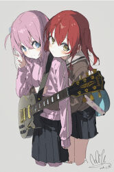 2girls absurdres bent_v black_skirt blue_eyes blush bocchi_the_rock! closed_mouth dated gotoh_hitori guitar hair_between_eyes highres hug hug_from_behind instrument jacket kita_ikuyo long_hair long_sleeves multiple_girls one_side_up pink_hair pink_jacket pleated_skirt qtian red_hair signature simple_background skirt smile standing v yellow_eyes