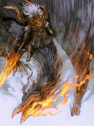1boy big_hair commentary crown dark_souls_(series) dark_souls_iii dragon electricity english_commentary fire greatsword grey_background highres holding holding_sword holding_weapon horns king_of_the_storm long_hair male_focus nameless_king rashuu riding_dragon sharp_teeth standing sword teeth weapon white_hair wings wyvern