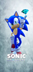 1boy 3d blue_fur boots chaos_emerald copyright_name copyright_notice full_body furry furry_male gloves green_eyes grey_background grin highres logo looking_at_viewer male_focus official_art red_footwear sega shoes smile sneakers solo sonic_(series) sonic_frontiers sonic_the_hedgehog standing teeth white_gloves
