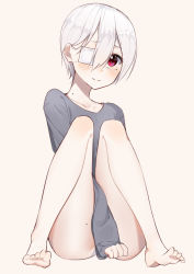 1girl 3: ass bandages barefoot beige_background between_legs blush closed_mouth covering_crotch covering_privates eyepatch female_focus full_body grey_shirt hair_between_eyes hand_between_legs highres knees_together_feet_apart long_sleeves looking_at_viewer mole mole_under_eye original red_eyes shirt short_hair silver_hair simple_background sitting solo the_cold thighs