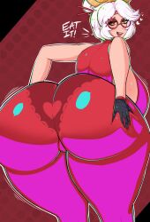 ! 1girl absurdres arched_back ass backboob bare_shoulders bent_over black_border black_gloves black_panties blush bodysuit border breasts cameltoe curvy deep_skin english_text eyelashes eyeliner eyeshadow female_focus glasses gloves green_highlight hair_bun hair_ornament hands_on_own_ass headband heart highres huge_ass huge_breasts makeup mole mole_on_breast motion_lines nintendo panties pantylines plump polka_dot polka_dot_background purah red-framed_eyewear red_background red_bodysuit red_eyes red_eyeshadow red_headband red_trim see-through_clothes see-through_bodysuit shiny_clothes shiny_skin short_hair sideboob smug_ghost solo sweat tagme the_legend_of_zelda the_legend_of_zelda:_tears_of_the_kingdom thick_thighs thighs underwear white_hair wide_hips yellow_trim