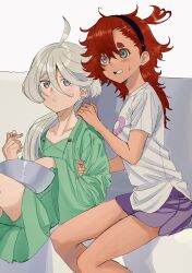 2girls ahoge black_hairband blue_eyes blush bub_bub20 commentary_request couch dolphin_shorts green_shirt green_shorts grey_eyes gundam gundam_suisei_no_majo hairband hand_on_another&#039;s_shoulder highres korean_commentary long_hair long_sleeves miorine_rembran multiple_girls on_couch open_mouth parted_lips purple_shorts red_hair shadow shirt short_sleeves shorts simple_background sitting suletta_mercury tears thick_eyebrows watching_television white_background white_hair white_shirt