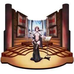 1girl anklet bare_shoulders belt between_breasts black_belt black_dress black_footwear black_gloves black_thighhighs bracelet breasts breasts_apart brown_hair collarbone colored_inner_hair column conductor conductor_baton d-log dress earrings evening_gown floral_print flower frills full_body gem gloves grey_shawl grin hair_intakes half_gloves high_heels highres holding_baton indoors instrument jewelry lace lace-trimmed_thighhighs lace_trim large_breasts last_origin linea_alba long_dress looking_at_viewer merlin_(last_origin) multicolored_hair music_stand navel no_bra official_alternate_costume official_art organ_(instrument) pelvic_curtain pillar plunging_neckline red_eyes red_flower red_gemstone red_hair red_rose revealing_clothes rose see-through_clothes see-through_shawl shawl sheet_music short_hair single_glove sitting slit_pupils smile solo stage stool tachi-e thighhighs third-party_source transparent_background two-tone_hair v-shaped_eyebrows wrist_straps