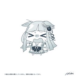 &gt;_&lt; 1girl a4_(a4_eishi) absurdres animal_ears artist_name chibi chrono_genesis_(umamusume) closed_mouth collarbone commentary_request hair_between_eyes hair_ornament highres horse_ears horse_girl horse_tail long_hair looking_at_viewer monochrome open_mouth school_uniform signature tail tracen_school_uniform translation_request umamusume