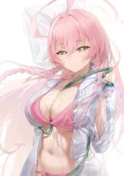 1girl absurdres ahoge arm_up between_breasts bikini blue_archive braid breasts cleavage closed_mouth collared_shirt commentary green_eyes hair_intakes halo hanako_(blue_archive) hanako_(swimsuit)_(blue_archive) highres hose hose_between_breasts jaihu large_breasts long_hair looking_at_viewer navel official_alternate_costume open_clothes open_shirt pink_bikini pink_hair pink_halo revision shirt simple_background smile solo stomach swimsuit white_background white_shirt