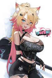 1girl anarchy_symbol animal_ear_fluff animal_ears artist_name asymmetrical_pants bandaid bandaid_on_face bandaid_on_nose belt black_belt black_corset black_gloves black_nails black_panties black_pants black_shirt blonde_hair blue_eyes breasts cat_ears cat_girl cat_necklace character_name cleavage commission corset cross-laced_clothes cross-laced_corset elbow_gloves fingerless_gloves fishnet_bra freckles gloves gradient_hair guitar hair_between_eyes hair_ornament heart highres indie_virtual_youtuber instrument large_breasts long_hair multicolored_hair obkatiekat obkatiekat_(2nd_costume) open_fly panties pants patch ponytail shirt stealcoffins tongue underwear union_jack virtual_youtuber