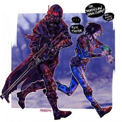 2boys anti-materiel_rifle armor belt boots border courier_(fallout:_new_vegas) duster english_text fallout:_new_vegas fallout gas_mask gun knee_pads leather_armor mask multiple_boys ncr_veteran_ranger pip_boy piranyeah pouch rifle running sniper_rifle torn_clothes weapon white_border