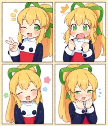 1girl blonde_hair blush closed_eyes commentary_request dress green_eyes green_ribbon hair_ribbon long_hair mega_man_(classic) mega_man_(series) multiple_views one_eye_closed onyhakase open_mouth ponytail ribbon roll_(mega_man) smile v