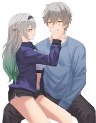 Rule 34 | 1boy, 1girl, absurdres, belly, black hairband, black shorts, blue jacket, caelus (honkai: star rail), closed mouth, dolphin shorts, firefly (honkai: star rail), gradient eyes, gradient hair, green pupils, grey hair, hair between eyes, hair intakes, hair tubes, hairband, highres, honkai: star rail, honkai (series), jacket, lipstick mark, lipstick mark on face, lipstick mark on neck, long hair, long sleeves, multicolored eyes, multicolored hair, navel, open clothes, open jacket, orange eyes, red lips, reyryner, short hair, shorts, sitting, sitting on lap, sitting on person, tank top, trailblazer (honkai: star rail), white tank top
