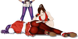 3girls asamiya_athena ass breasts brown_hair chinese_clothes cleavage fatal_fury feet fingerless_gloves gloves hand_fan hands_on_own_hips highres large_breasts legs leotard long_hair lying multiple_girls on_side pantyhose ponytail purple_hair ryuuko_no_ken shiranui_mai skirt snk spandex squatting the_king_of_fighters thighs yuri_sakazaki