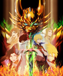 Rule 34 | 3boys, 3girls, alfonso san valiante, armor, blonde hair, cape, coat, emma guzman, fire, garo, garo:honoo no kokuin, garo (series), german luis, green fire, lara (garo:honoo no kokuin), leon luis, multiple boys, multiple girls, official art, red eyes, red hair, second-party source, smile, studio mappa, sword, weapon, white coat