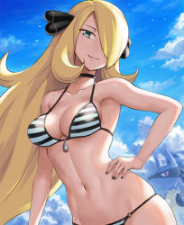 1girl bikini blonde_hair breasts cleavage cloud commentary cynthia_(pokemon) gen_4_pokemon hair_ornament hair_over_one_eye half-closed_eyes hashi long_hair looking_at_viewer lucario medium_breasts nail_polish navel nintendo o-ring o-ring_bikini pokemon pokemon_(creature) pokemon_dppt sky smile solo_focus string_bikini swimsuit togekiss