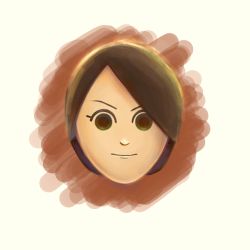 1girl bocchi_(bocchi_ssb4) brown_hair closed_mouth commentary_request forehead head highres looking_at_viewer mii_(nintendo) mii_gunner nintendo nose short_hair simple_background smile solo super_smash_bros. swept_bangs v-shaped_eyebrows white_background yellow_eyes