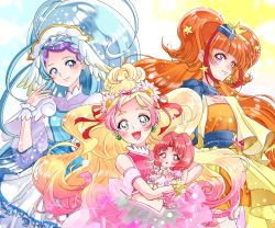 4girls akagi_towa amanogawa_kirara baby blonde_hair blue_eyes blue_hair cosplay cure_ange cure_ange_(cosplay) cure_etoile cure_etoile_(cosplay) cure_flora cure_mermaid cure_twinkle cure_yell cure_yell_(cosplay) go!_princess_precure gradient_hair hair_ornament hair_ribbon haruno_haruka highres hugtto!_precure inuko_(nozomi1118) kaidou_minami light_blue_hair multicolored_hair multiple_girls orange_hair precure purple_eyes purple_hair red_hair red_ribbon resolution_mismatch ribbon source_smaller star_(symbol) star_hair_ornament wing_hair_ornament