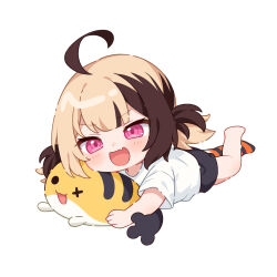Rule 34 | 1girl, :d, ahoge, barefoot, black shorts, blonde hair, brown hair, chibi, commentary, english commentary, fang, full body, gigi murin, grem (gigi murin), highres, hitsukuya, hololive, hololive english, low twintails, lying, multicolored hair, on stomach, open mouth, pink eyes, shirt, short sleeves, short twintails, shorts, simple background, single thighhigh, smile, solo, striped clothes, striped thighhighs, thighhighs, twintails, two-tone hair, v-shaped eyebrows, white background, white shirt