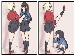 2girls artist_name black_hair black_skirt black_socks blonde_hair blue_eyes blush closed_mouth commentary english_commentary foot_kabedon green_ribbon hand_on_own_face highres inoue_takina inxendere kabedon kneehighs long_hair long_sleeves lycoris_recoil multiple_girls neck_ribbon nishikigi_chisato pleated_skirt red_eyes ribbon school_uniform shoes signature skirt socks squatting standing wavy_mouth