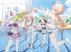 &gt;_&lt; 4girls ahoge aiming azusa_(blue_archive) azusa_(swimsuit)_(blue_archive) barefoot bikini black_bikini black_bow black_wings blue_archive bow bow_bikini braid breasts closed_eyes collarbone commentary_request detached_sleeves eyewear_on_head feathered_wings floral_print frilled_bikini frills front-tie_bikini_top front-tie_top full_body hair_between_eyes hair_bow hair_ribbon halo hanako_(blue_archive) hanako_(swimsuit)_(blue_archive) head_wings hifumi_(blue_archive) hifumi_(swimsuit)_(blue_archive) highres holding holding_hose hose innertube koharu_(blue_archive) koharu_(swimsuit)_(blue_archive) light_brown_hair long_hair long_sleeves low_twintails low_wings make-up_work_club_(blue_archive) multi-strapped_bikini multiple_girls off-shoulder_bikini off_shoulder official_alternate_costume one_side_up open_mouth outdoors outstretched_arms partially_submerged partially_underwater_shot peroro_(blue_archive) pink_bikini pink_bow pink_hair pink_halo polka_dot polka_dot_bow pool print_bikini ribbon shirt short_sleeves side-tie_bikini_bottom side_braid small_breasts spread_arms standing strapless strapless_bikini swim_ring swimsuit toes twintails unbuttoned unbuttoned_shirt unbuttoned_sleeves underwater water water_gun white_bikini white_hair white_ribbon white_shirt white_wings wings yellow_halo yukie_(kusaka_shi)