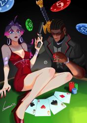 1boy 1girl absurdres blade_(marvel) breasts dress gun highres large_breasts leawddd long_hair looking_at_viewer marvel marvel_rivals poker psylocke purple_hair sword weapon x-men
