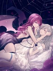 2girls absurdres angel_and_devil angel_wings black_dress blush breasts caedeimo closed_eyes closed_mouth commentary demon_girl demon_tail dress grey_hair hand_on_another&#039;s_head highres honkai:_star_rail honkai_(series) kafka_(honkai:_star_rail) leg_between_thighs long_hair looking_at_another lying medium_breasts multiple_girls off-shoulder_dress off_shoulder on_back on_side parted_lips purple_eyes purple_hair sideboob silk sleeping smile spider_web stelle_(honkai:_star_rail) tail thigh_strap trailblazer_(honkai:_star_rail) white_dress wings yuri