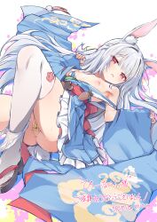 1girl animal_ears anus blue_kimono breasts commission grey_hair highres japanese_clothes kimono lying maebari nimura_yuuji nipples ofuda ofuda_on_pussy on_back open_mouth pixiv_commission pussy pussy_peek rabbit_ears rabbit_girl rabbit_tail rabi_(twinkle_star_knights) red_eyes small_breasts solo tail thighhighs twinkle_star_knights white_thighhighs