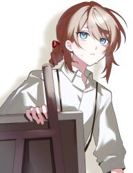 1boy blue_eyes bow brown_hair canvas_(object) collared_shirt commentary_request easel edgar_valden hair_bow highres holding identity_v low_ponytail male_focus ponytail red_bow shadow shirt sidelocks simple_background single_drill solo sweat u0el_t white_background white_shirt
