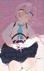 Rule 34 | 1girl, absurdres, ahoge, bed sheet, black skirt, blue archive, blue eyes, blue necktie, blush, chromatic aberration, closed mouth, collared shirt, cowboy shot, fang, hair between eyes, halo, heterochromia, highres, hoshino (blue archive), long hair, long sleeves, looking at viewer, lying, necktie, on back, panties, panty pull, pink hair, pink halo, pleated skirt, pregnancy halo, pregnant, sawtatsu, shirt, skirt, solo, underwear, white panties, white shirt, yellow eyes